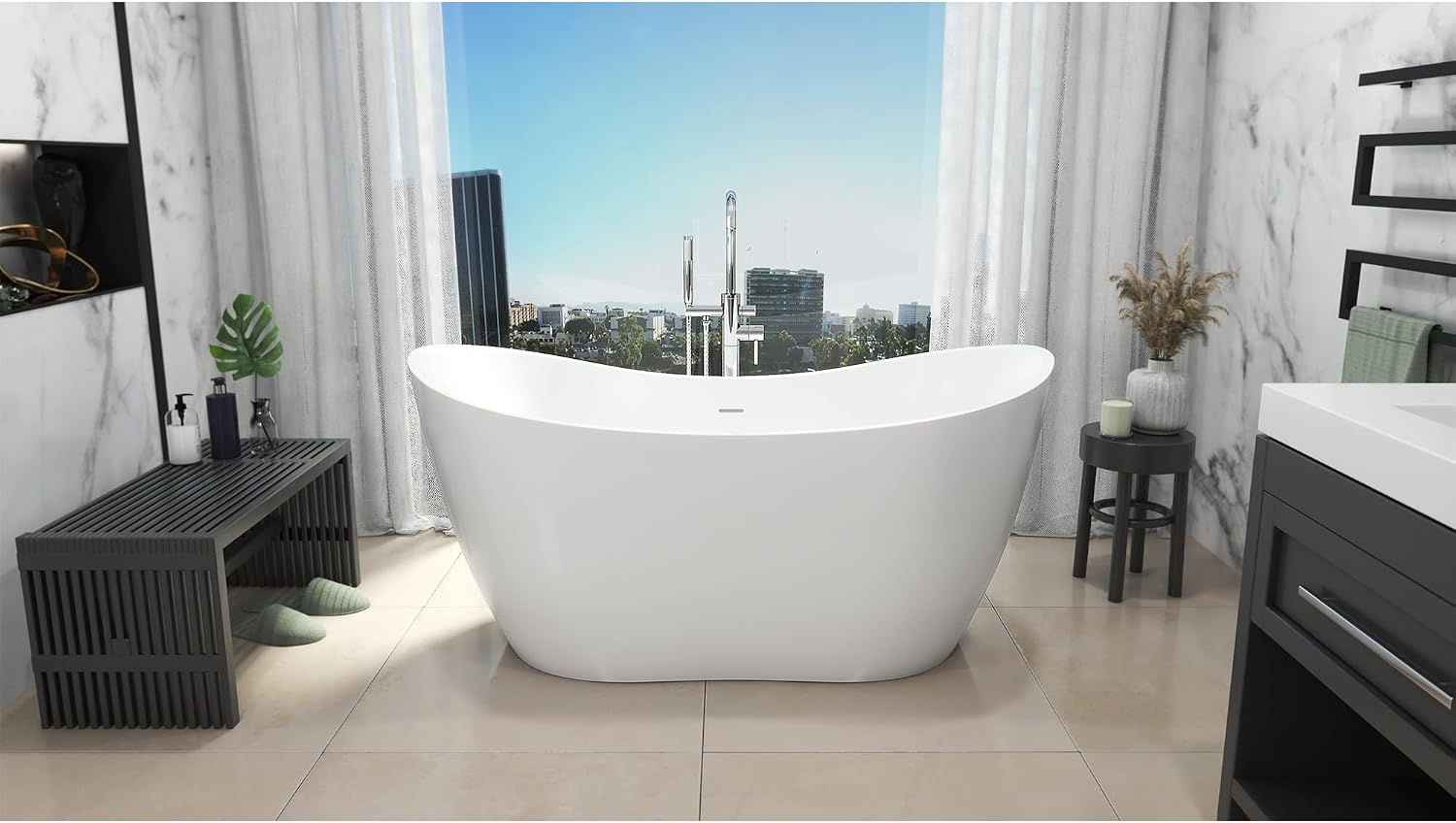 DreamLine Nile 59 inch L x 28 inch H Acrylic Freestanding Bathtub with Brushed Nickel Finish