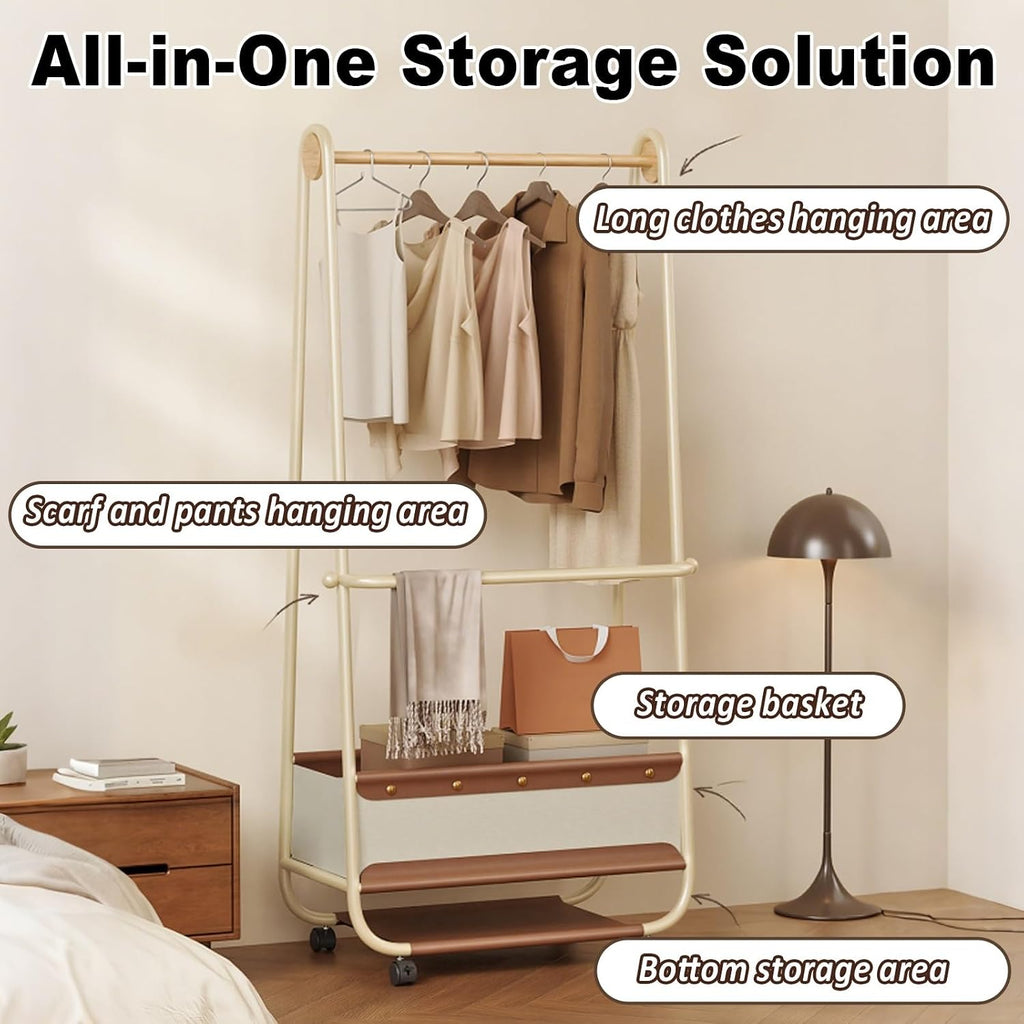 Double Rods Clothes Rack With Wheels, Heavy Duty Garment Rack, Metal Freestanding Clothing Organizer, Wardrobe Racks For Bedroom Living Room Laundry Balcony(60cm/23.6in)