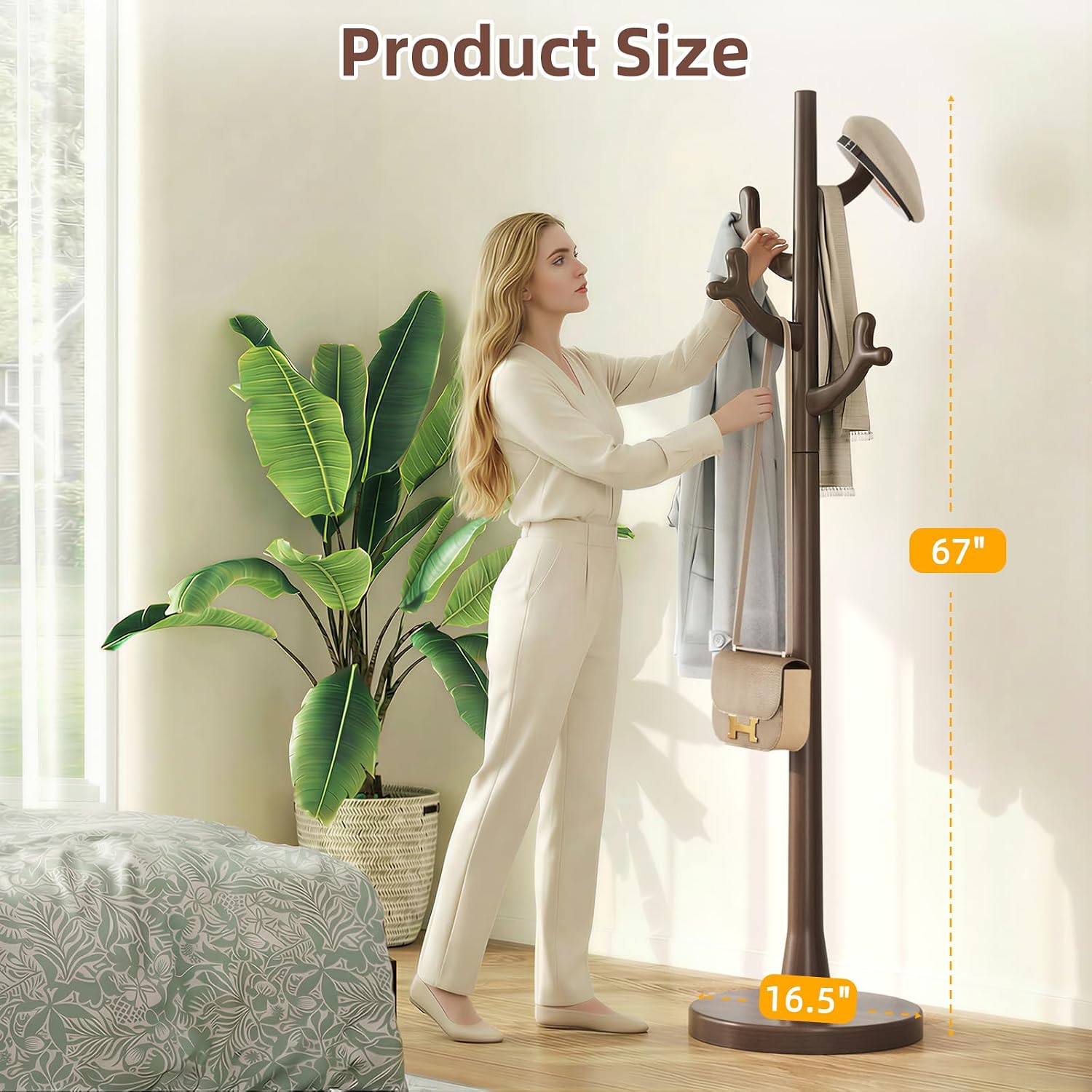 CozyDH Premium Solid Wood Freestanding Coat Rack, 4 Hooks Creative Tree Branch Look, Sturdy Standing Coat Tree for Entryway Bedroom Hallway Home Decor