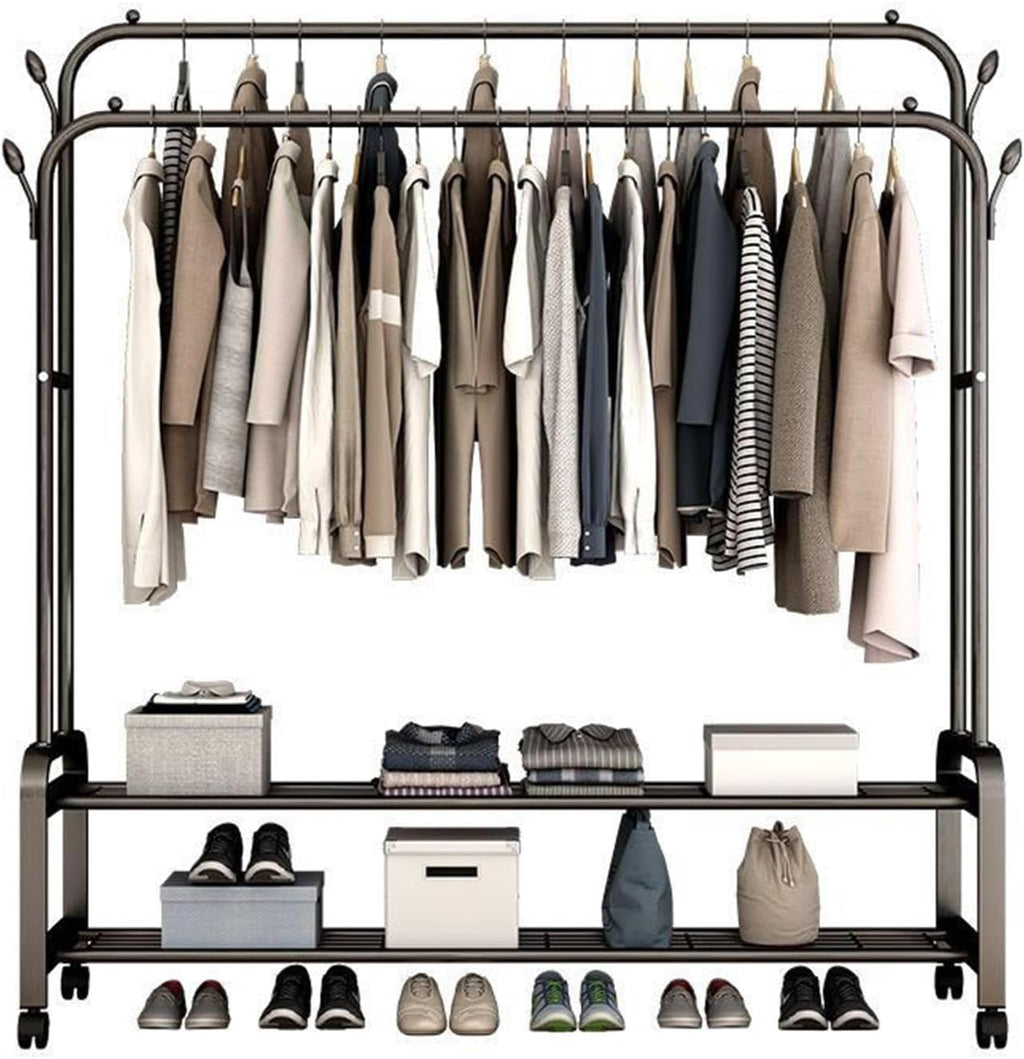 Freestanding Garment Rack for Bedroom,Multi-Functional Double Rods Clothing Rackwith Bottom Shelves and 4 Hooks,Portable Clothes Rack for Hanging Clothes,A-150 * 58 * 154cm