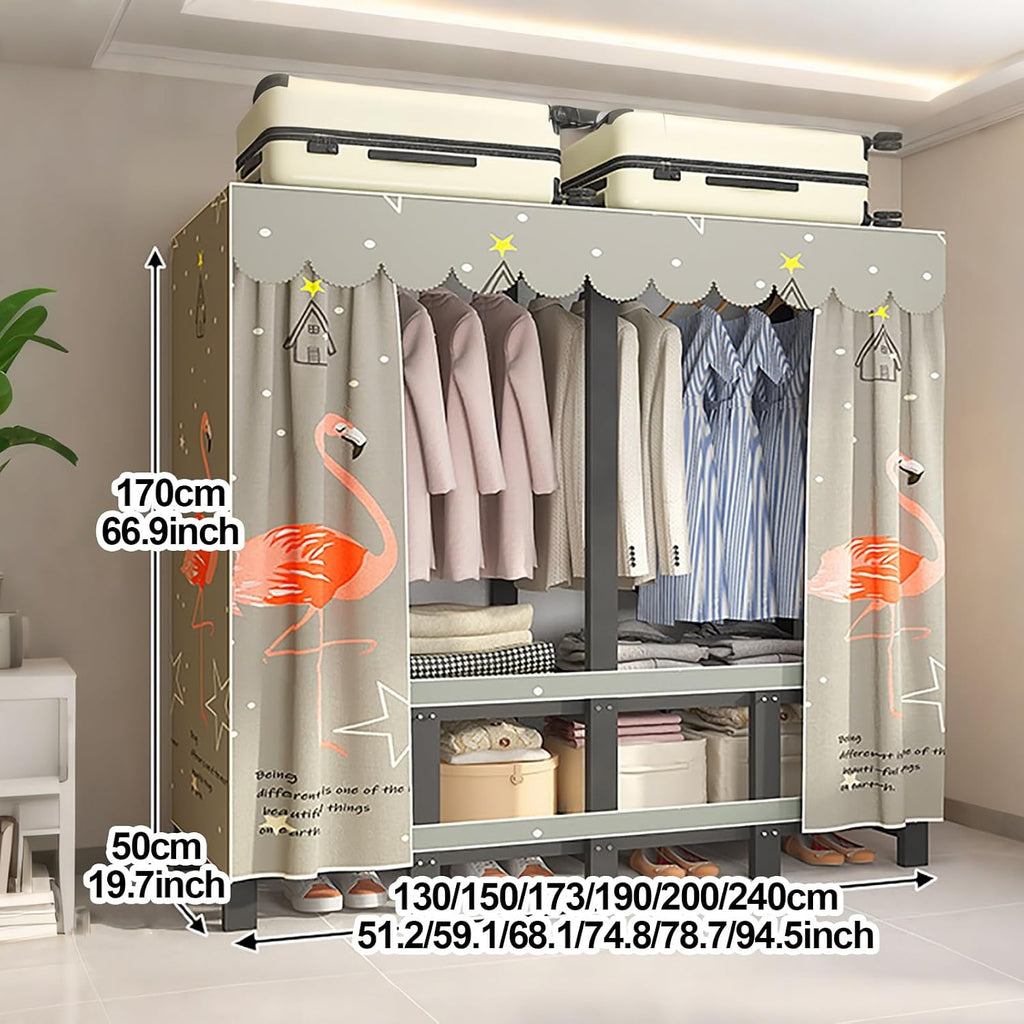 Heavy Duty Portable Wardrobe Closet With Cover, Metal Clothing Rack Organizer For Bedroom, Foldable Garment Rack With Hanging Rods, Clothes Rack For Bedroom(Green,173cm/68.1inch)