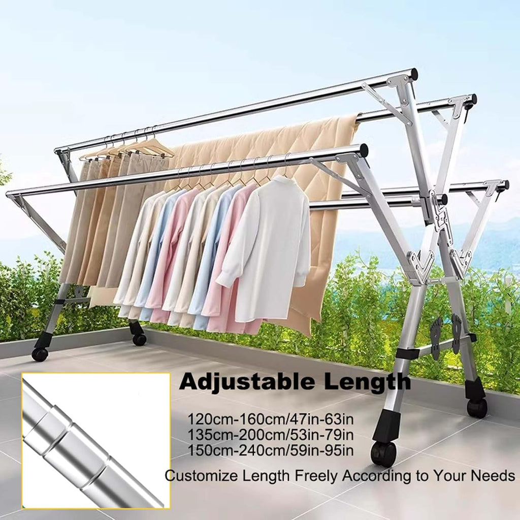 HUHJYUGE Foldable Drying Rack Clothing, Laundry Drying Rack Extendable, Stainless Steel Pool Towel Rack, Free Standing Clothing Hanger, Collapsible Garment Rack, Windproof Hooks