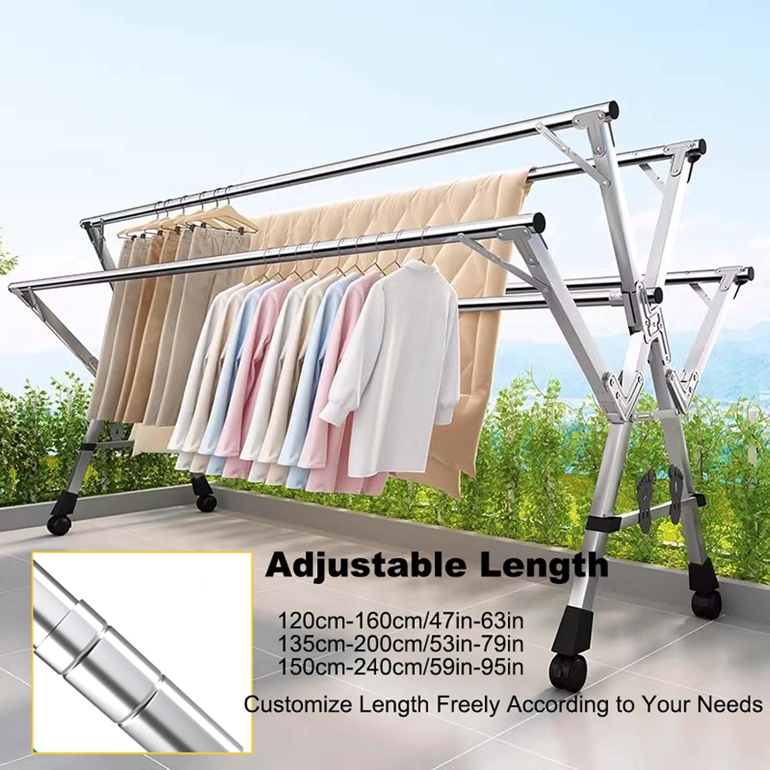 HUHJYUGE Foldable Drying Rack Clothing, Laundry Drying Rack Extendable, Stainless Steel Pool Towel Rack, Free Standing Clothing Hanger, Collapsible Garment Rack, Windproof Hooks