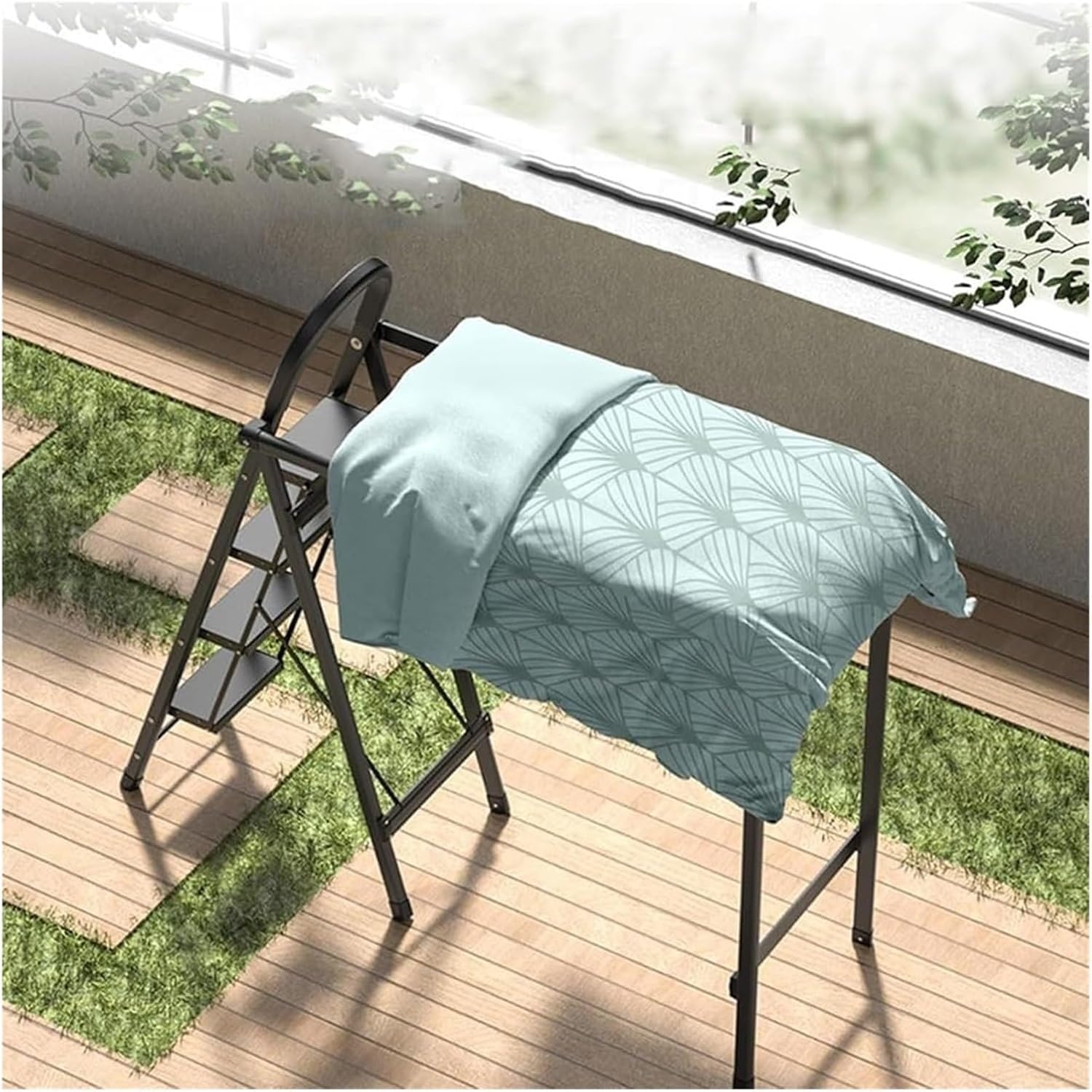 Foldable Drying Racks Garment Racks Free Standing Clothes Rack with Ladder Stretchable Metal Clothing Rack with Double Rod and Tool Tray for Dorm Bedroom Home Balcony(Black)