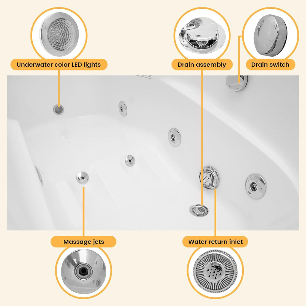 67' x 34' Acrylic Whirlpool Bathtub with Center Drain – 8 Hydro Jets, 750W Jetted Tub, Ergonomic Soaker, White