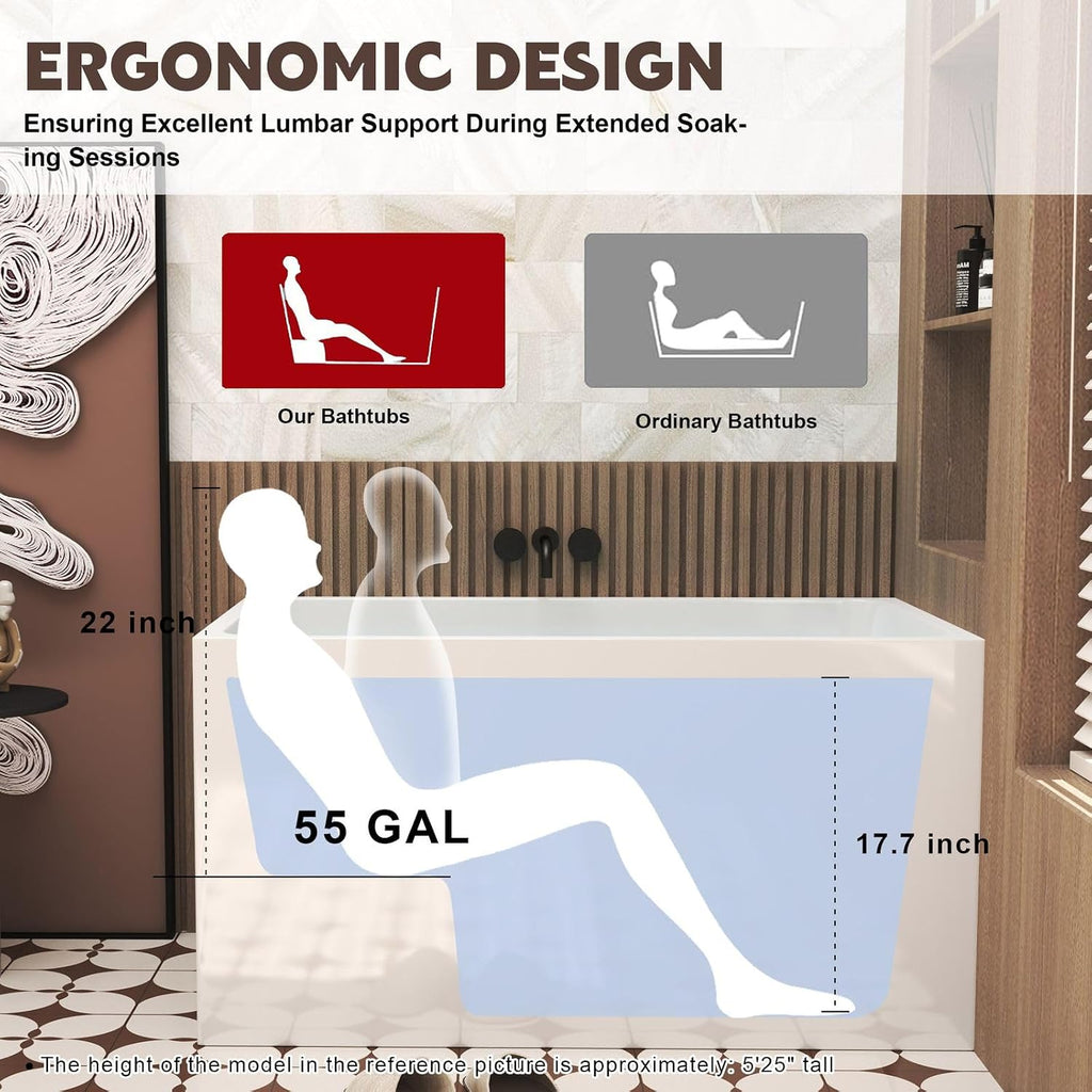 47' Acrylic Freestanding Bathtub with Built-in Seat, Rectangular Soaking Tub w/Chrome Overflow & Pop-Up Drain, CUPC Certified for Elderly & Limited Mobility Support, Gloss White