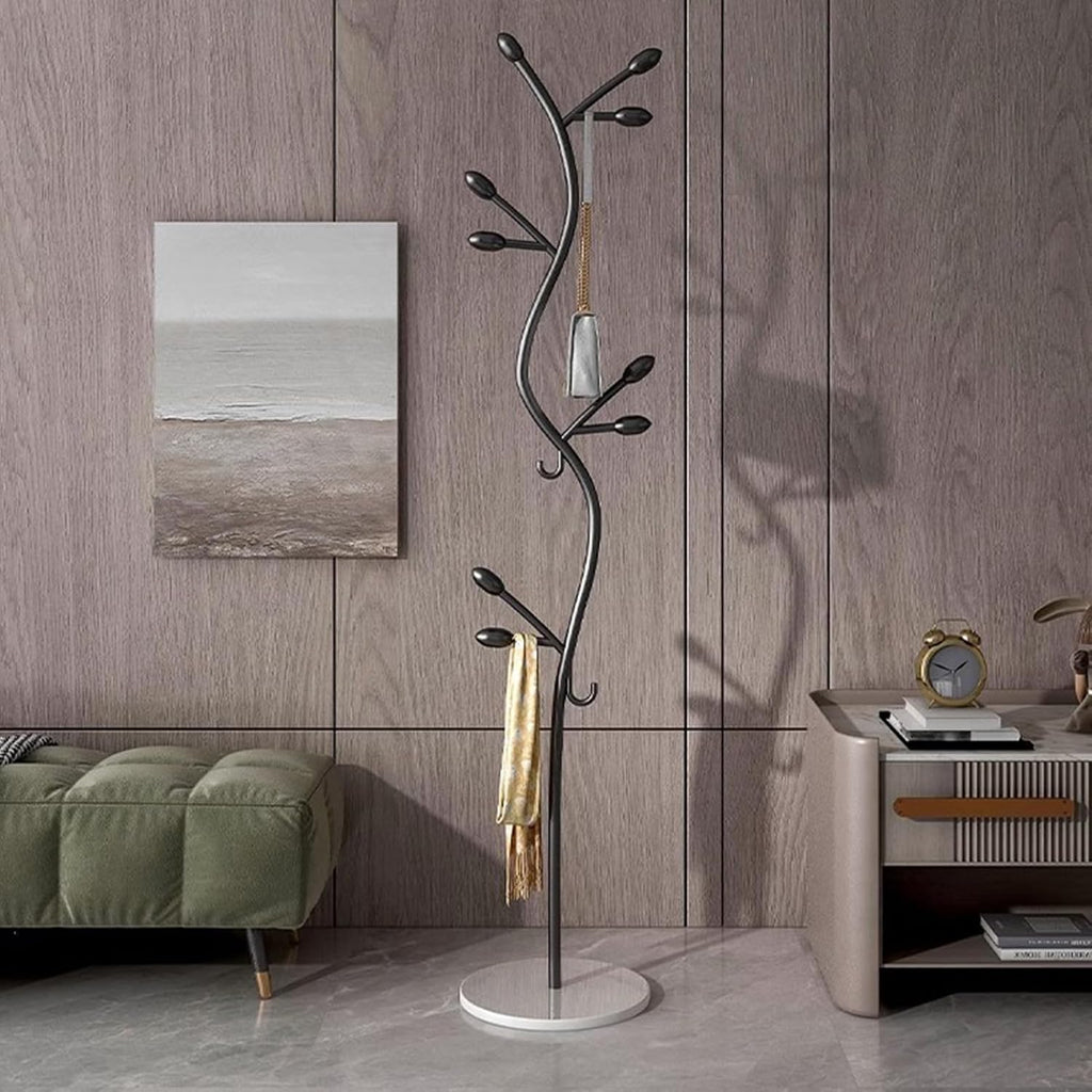 Garment Rack Freestanding Small Modern Coat Rack With Round Marble Base, Entryway Metal Coats Hanger Stand With 8 Hooks For Bedroom And Office, Save Space, 35X175CM(Color:Black+White)