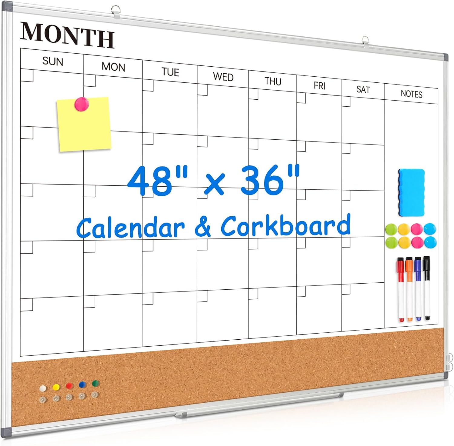 Large Monthly Dry Erase Calendar Whiteboard for Wall, 48' x 36' Double-Sided Big Calendar White Board Cork Board Combo, Aluminum Framed Month Planning Bulletin Board for Office, School, Home