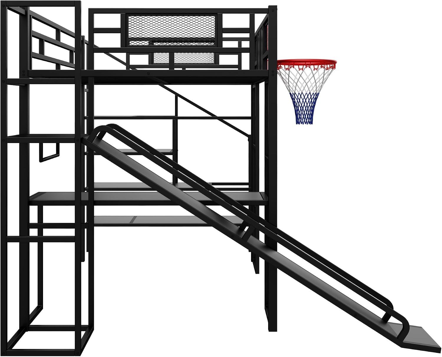 Merax Full Size Metal Loft Bed with Slide and Stairs, Loft Bed Frame with Built-in Desk, Open Wardrobe, Basketball Hoop, Space-Saving Loft Bed Frame with Storage Staircase for Kids Teens Boys, Black