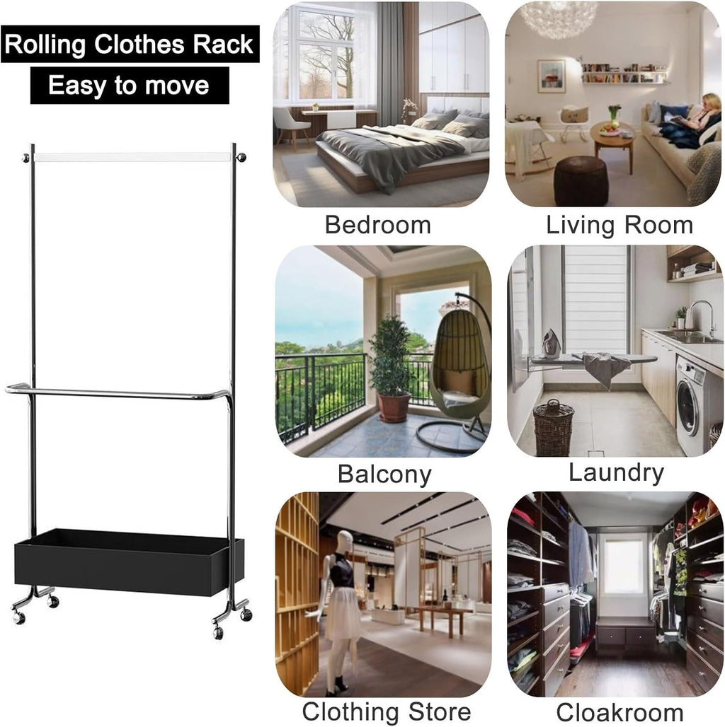 70inch Double Rod Clothes Rack With Wheels, Rolling Garment Rack With Storage Shelves Heavy Duty Metal Wood Clothing Rack For Bedroom, Living Room, Bathrooms(Brown)
