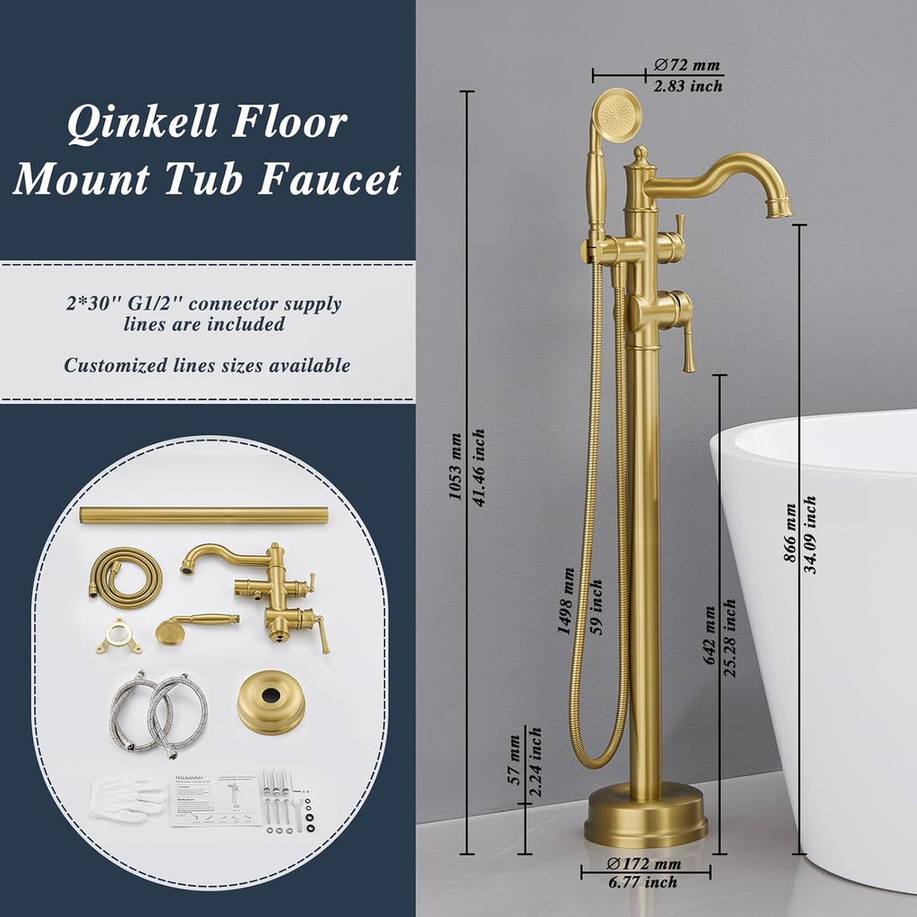 Free Standing Tub Faucet, Qinkell Classic Elegant Gooseneck Freestanding Bathtub Faucet with Sprayer Brass Luxury Floor Mount Bath Faucets High Flow Roman Tub Filler, Brushed Gold (QC-202511BG)