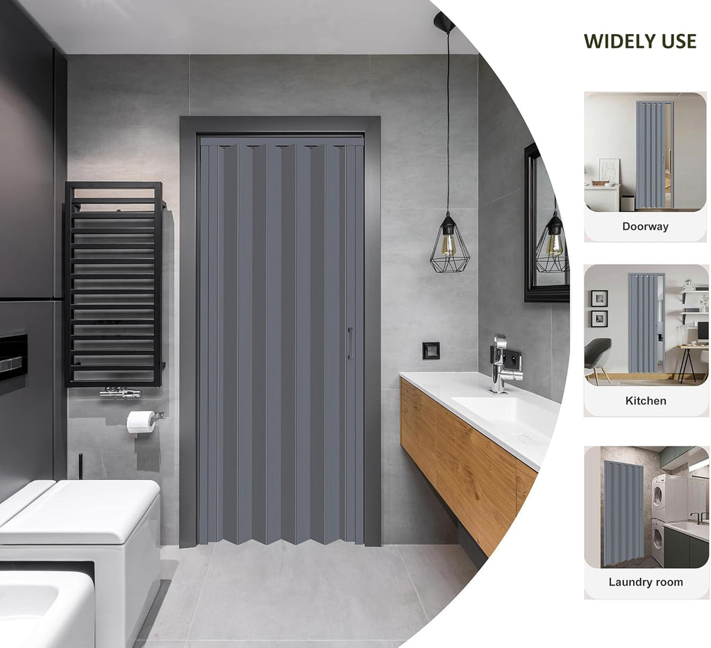 DIYHD 30X96in Interior Folding PVC Accordion Door,Grey,Include Door and Mounting Hardware,Handle,Latch,Folded Width 4-7/8'