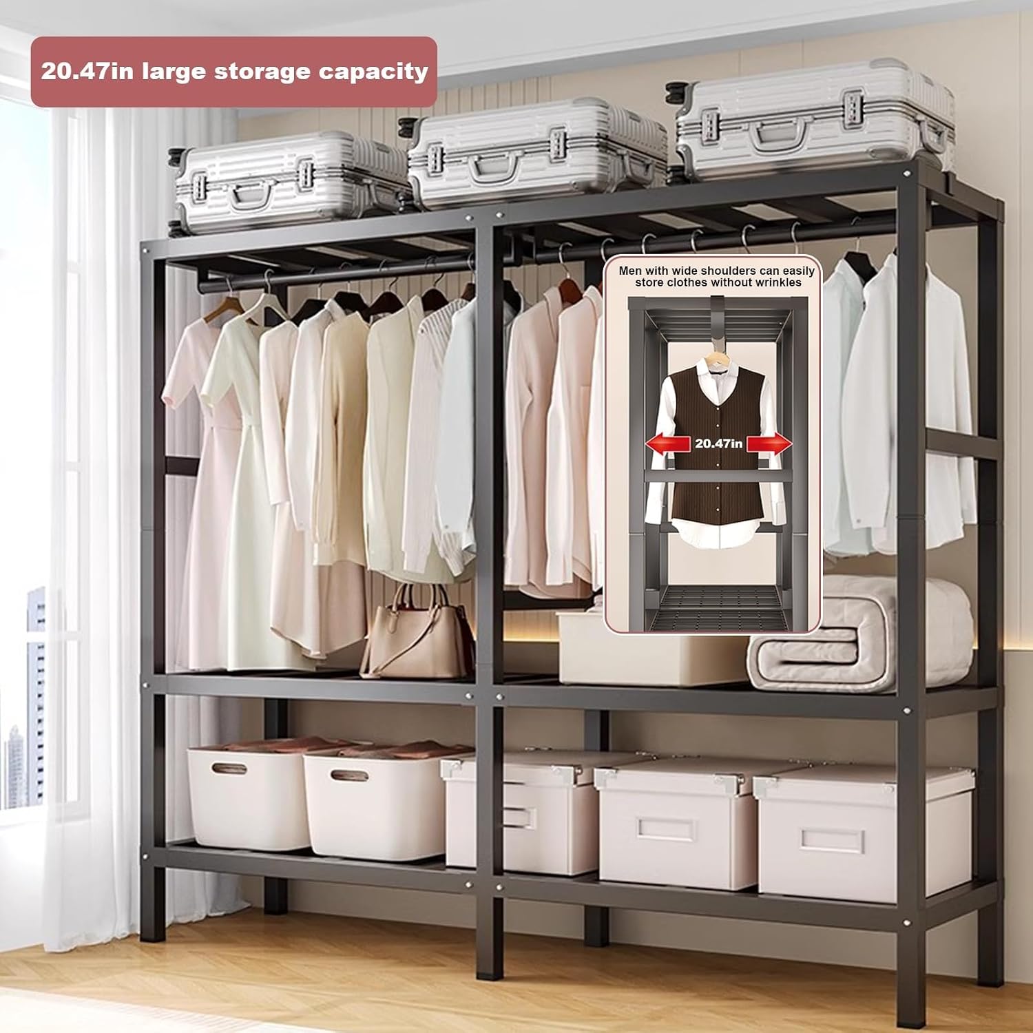 Metal Mobile Closet Rack - Heavy-Duty Clothes Rack Covers On Wheel 2000lbs Foldable Portable Wardrobe For Hanging Clothes Rolling Garment Rack Clothing Coat Storage Rack For Bedroom(80in(wheel))