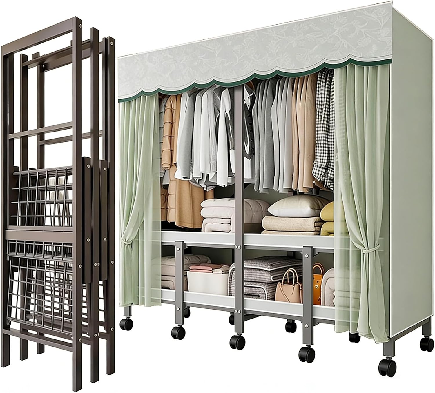 Foldable Clothe Rack with Wheel W/cover Load 1100lbs Heavy-duty Portable Wardrobe for Bedroom Armoires Freestanding Clothing Coat Storage Rack Rolling Garment Rack for Hanging(Green,131cm/51.6in)