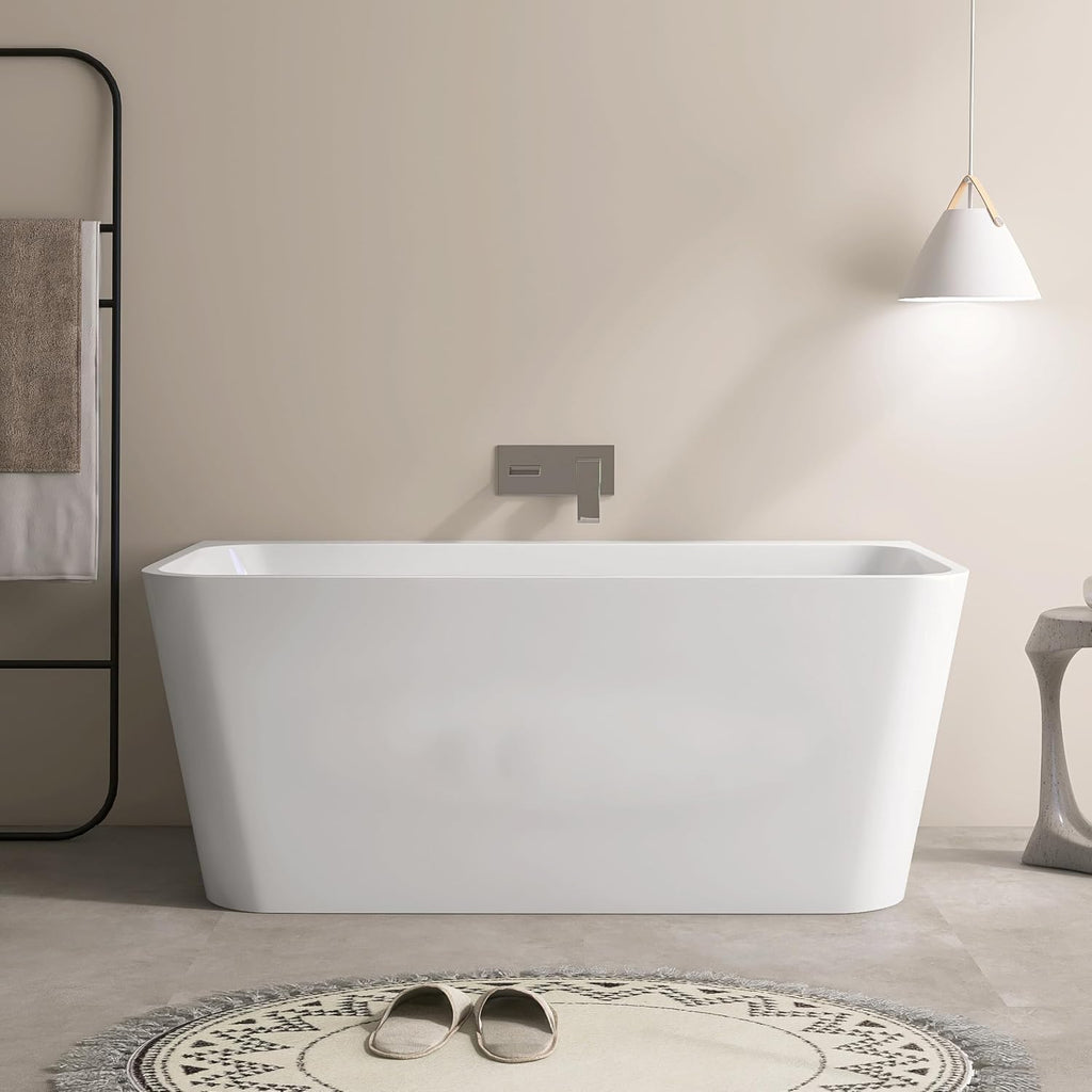 SJ STAR&JANE 55 Inch Acrylic Freestanding Bathtub,Modern Back to Wall Soaking Tub, Stand alone Acrylic Tub Integrated Center Drain & Overflow, Glossy White