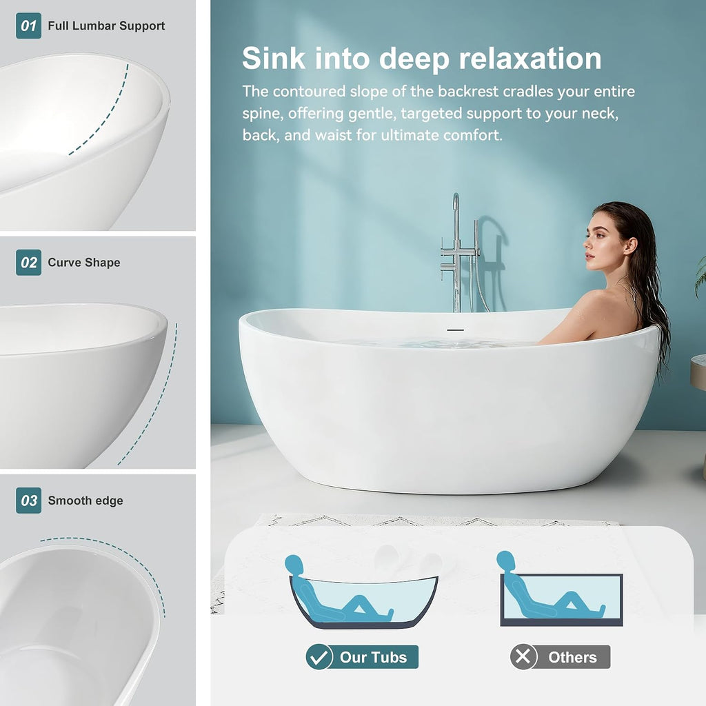 60' Upgraded Contemporary Oval Freestanding Bathtubs, Premium White Stand Alone Soaking Tub with CUPC Drain