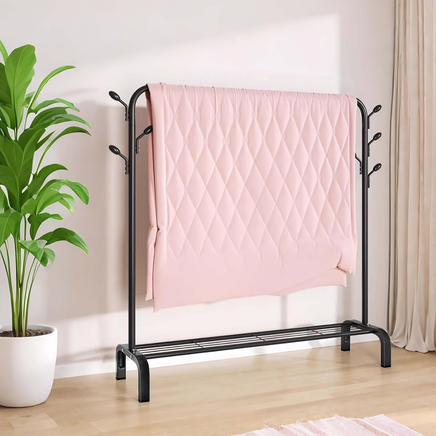Clothes Rack,Clothing Rack For Hanging Clothes,Metal Garment Rack With Storage Shelf,Free Standing Multi-Functional Coat Rack With Hooks,Black(150cm/59in)