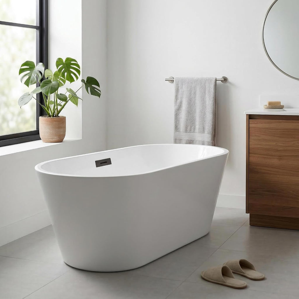 67' Free Standing Tub, Acrylic Soaking Bathtub, Stand Alone Freestanding Tub with Matte Sliver Drain and Overflow, Contemporary Bathtub for Bathroom, Burnish White
