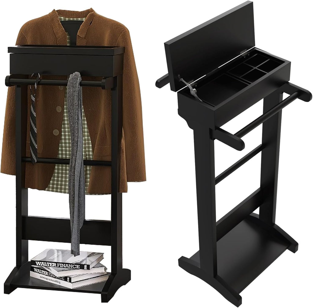 Wooden Valet Stand for Men, Modern Mens Valet Stand with Tray Organizer, Shoe Shelf, Hanging Rod & Suit Rack, Freestanding Clothes Rack for Bedroom Entryway Office, Black