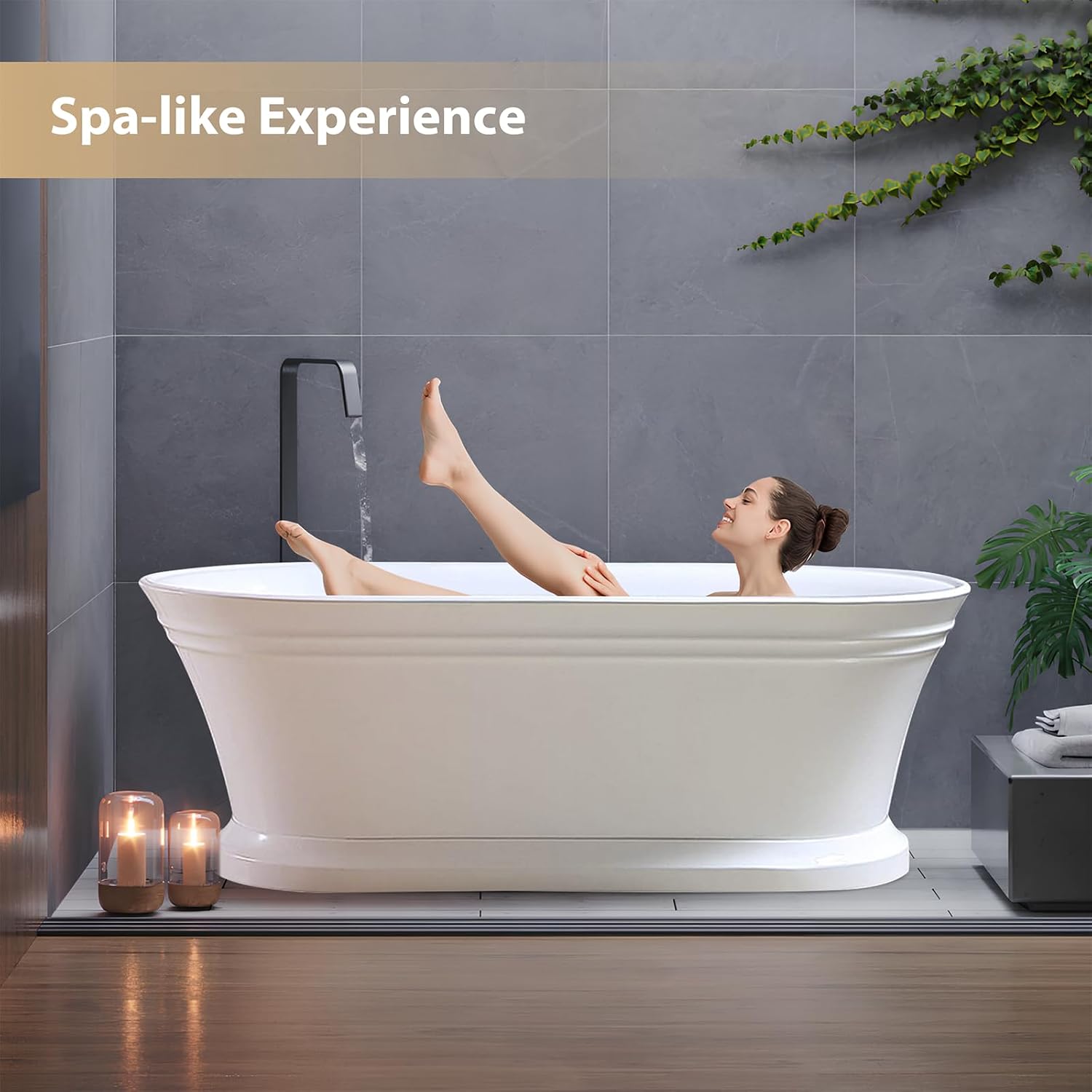 Vanity Art 67 x 31 Inches Freestanding White Acrylic Bathtub Modern Stand Alone Soaking Tub with UPC Certified Slotted Overflow and Pop-up Drain VA6610-L-PW