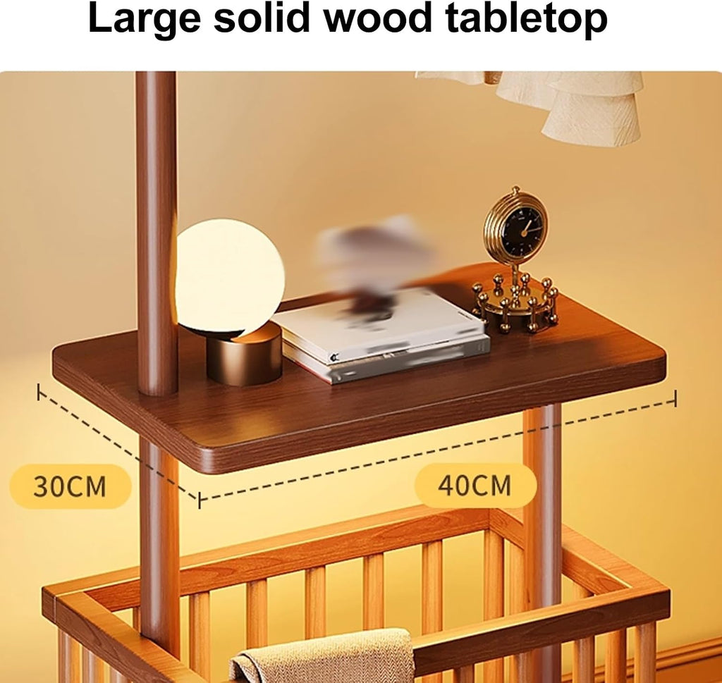 Movable Corner Coat Rack, Wooden Coat Tree Freestanding with 4 Hooks and Storage Basket, Floor-Standing Garment Rack, for Hallway, Bedroom, Living Room(Brown)
