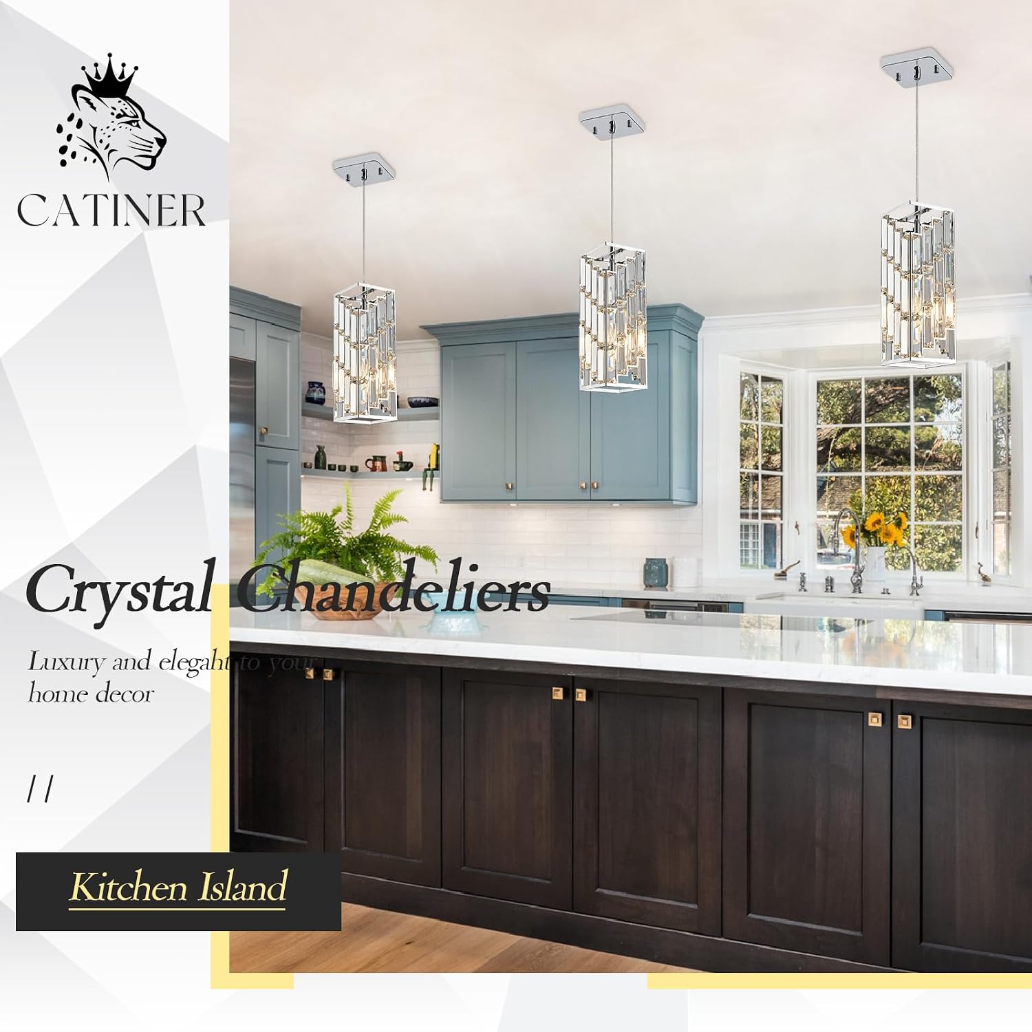 CATINER Chrome Crystal Pendant Lights 3 Pack, Mini Hanging Pendant Lighting Fixture with Adjustable Cord, Modern Kitchen Island Pendant Lights for Dining Room, Bedroom, Hallway, E26 Base