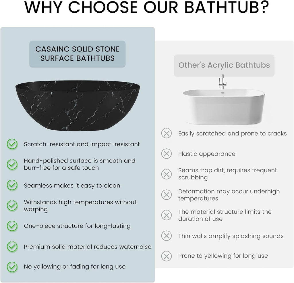 CASAINC 65' Solid Surface Freestanding Tub Marble-Look Stone Resin Freestanding Bathtub Black Soaking Tub with Overflow, Drain, Drain Hose & Sanding Paper