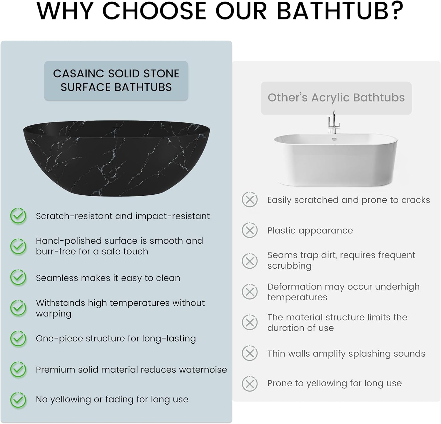 CASAINC 65' Solid Surface Freestanding Tub Marble-Look Stone Resin Freestanding Bathtub Black Soaking Tub with Overflow, Drain, Drain Hose & Sanding Paper