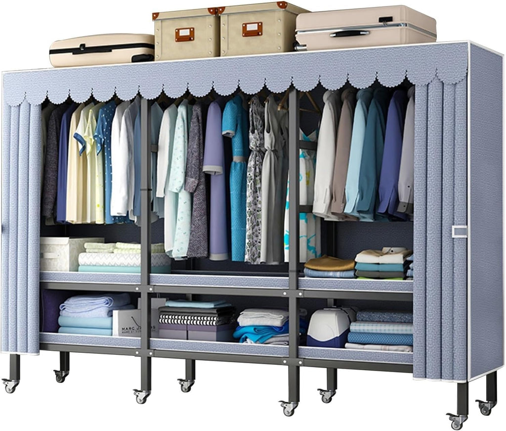 Heavy Duty Metal Mobile Clothes Drying Rack - Rolling Foldable Clothes Rack With Cover And Wheels/1500 Lbs Large Capacity Wardrobe Closet/Independent Clothing Organization System For Bedroom(Size:215*