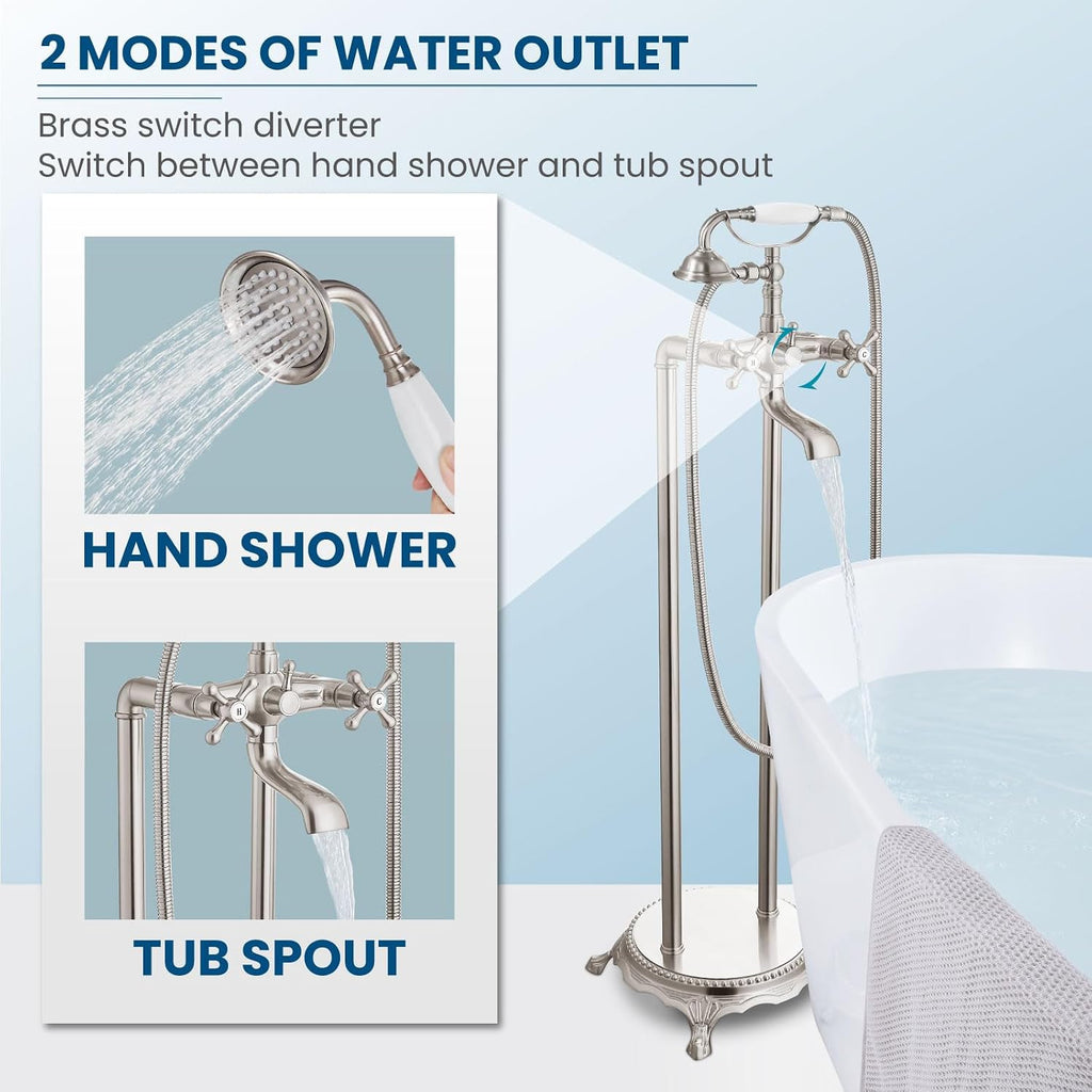 gotonovo Freestanding Bathtub Faucet Floor Mount Tub Filler with Double Cross Knobs 360° Rotation Spout High Flow Floor Standing Bathtub Shower Trumpet Shape Handheld Spray Brushed Nickel