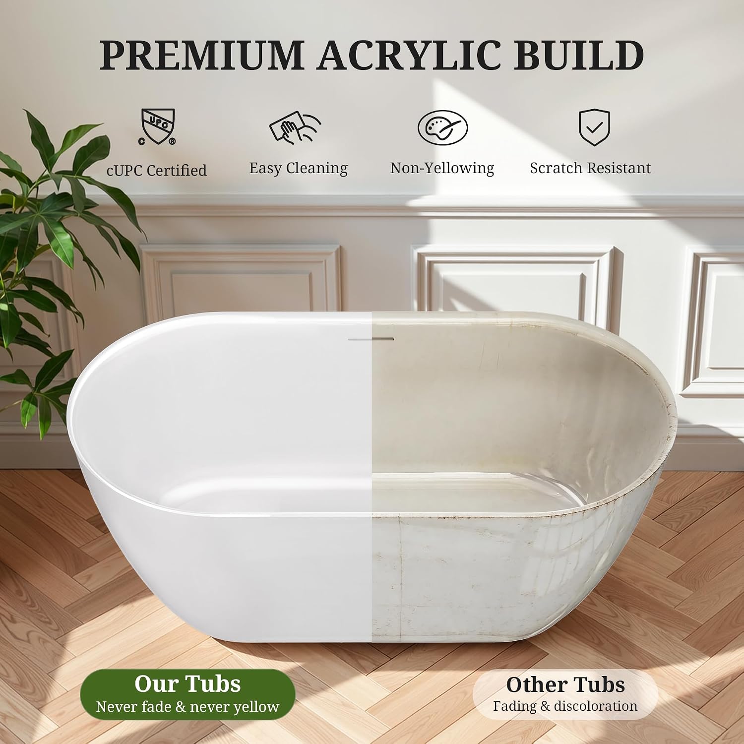 59' Freestanding Bathtub cUPC Certified, Acrylic Oval Deep Soaking Tub, Fiberglass Reinforced Stand Alone Bathtub with Integrated Overflow & Drain, Ergonomic Design, Glossy White Modern Bathroom Tub