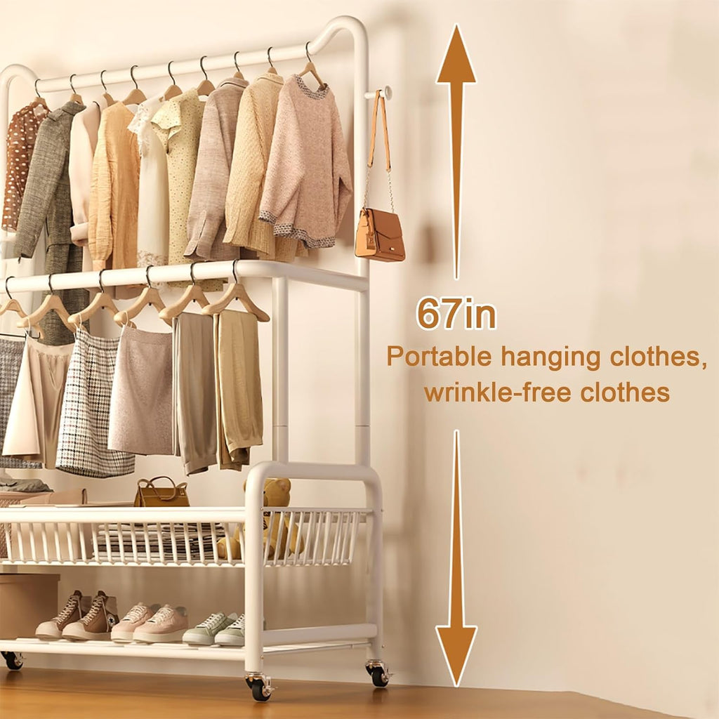 Portable Clothes Rack With Wheels,Metal Garment Rack With Storage Shelves And Coat/Hat Hooks,Freestanding Clothing Organizer Racks For Hanging Clothes,Black/White(White,100cm(39.4in))