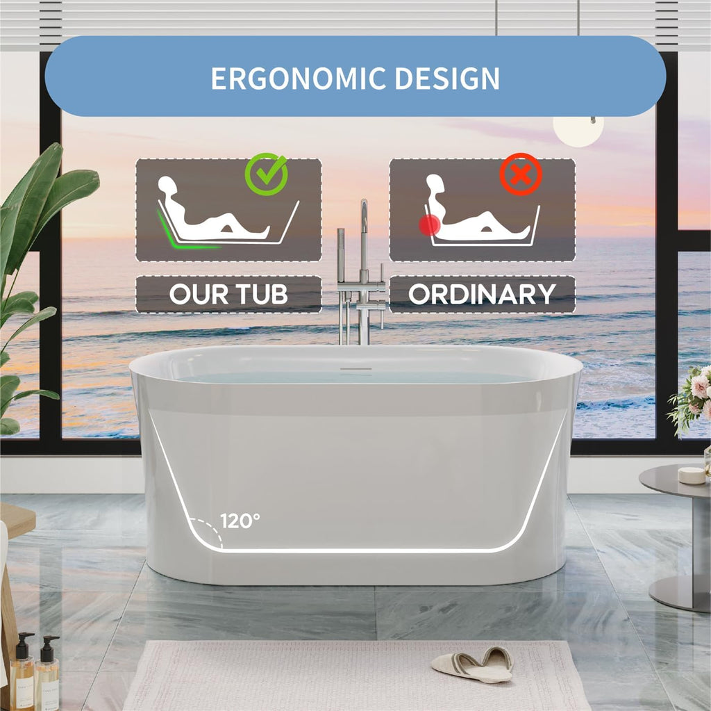 WELLFOR 59 Inch Acrylic Freestanding Bathtub, 80 Gallons Capacity White Soaking Tub, Freestanding Soaking bath tub with Chrome Bathtub Drain and Groove Overflow, Glossy White