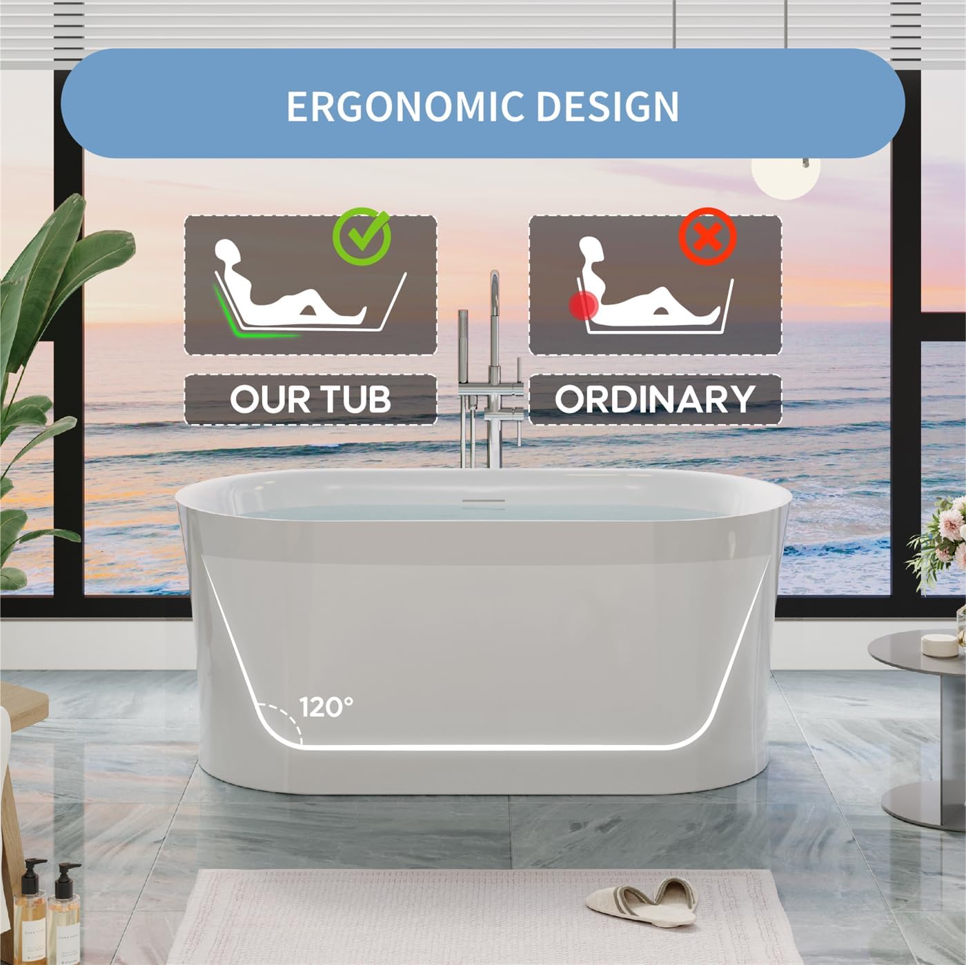WELLFOR 59 Inch Acrylic Freestanding Bathtub, 80 Gallons Capacity White Soaking Tub, Freestanding Soaking bath tub with Chrome Bathtub Drain and Groove Overflow, Glossy White