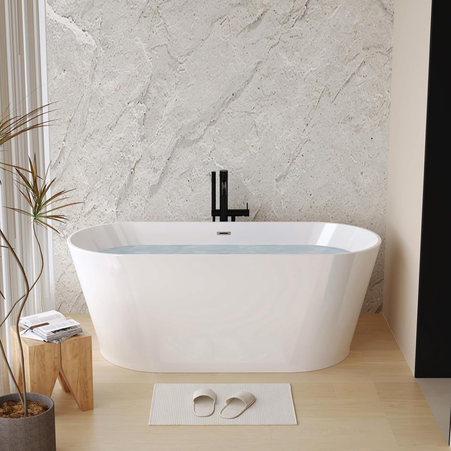 Zavdte 59'' Freestanding Acrylic Bathtub, Gloss White Stand Alone Soaking Tub with Toe-tap Chrome Drain, Double-Wall Insulation, CUPC Certified, Easy Install & Spacious Design
