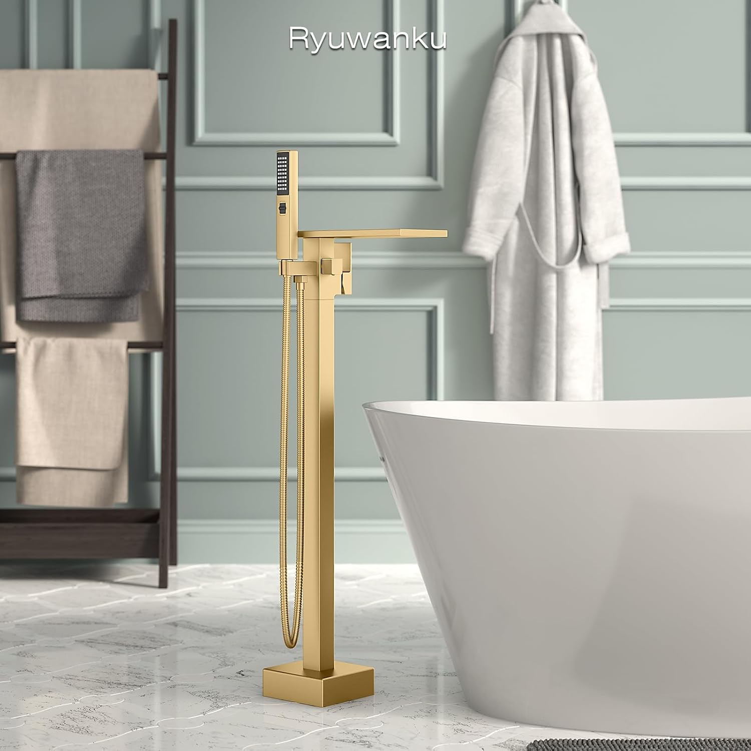 Freestanding Bathtub Faucet with Handheld Sprayer, Brushed Gold Floor Mount Tub Filler, High Flow Waterfall Brass Bath Shower Faucet for Modern Bathroom