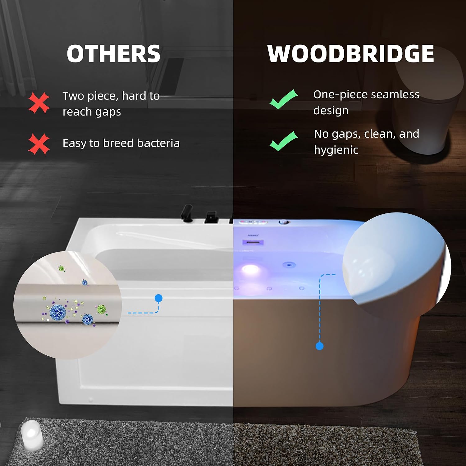 WOODBRIDGE 72' x 35-3/8' Whirlpool and Air Bath Heated Soaking Combination Tub with Adjustable Speed Air Blower and Display Control Panel, BJ600