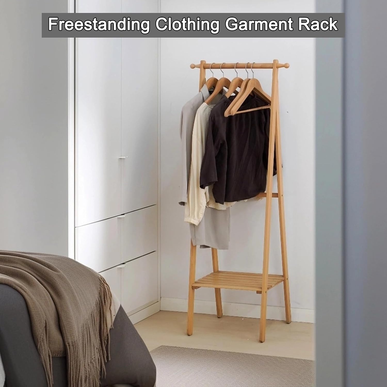 57inch Wood Garment Rack, Heavy-Duty Clothes Rack Load 110lbs Small Freestanding Wardrobe Rack For Bedroom, Bathroom, Entrance, Laundry Room(Burro Ropa+Storage basket)