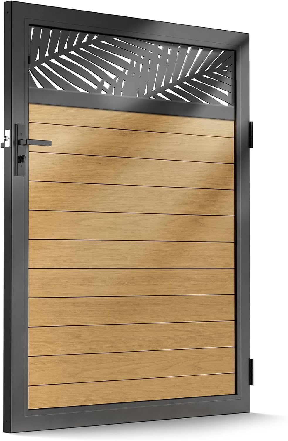 4x5 FT Aluminum Fence Gate Kit Wood Grain Aluminum Gate with Decorative Cutout, Lock & Hinges, Left/Right Opening, Weather Resistant for Yard Garden Patio