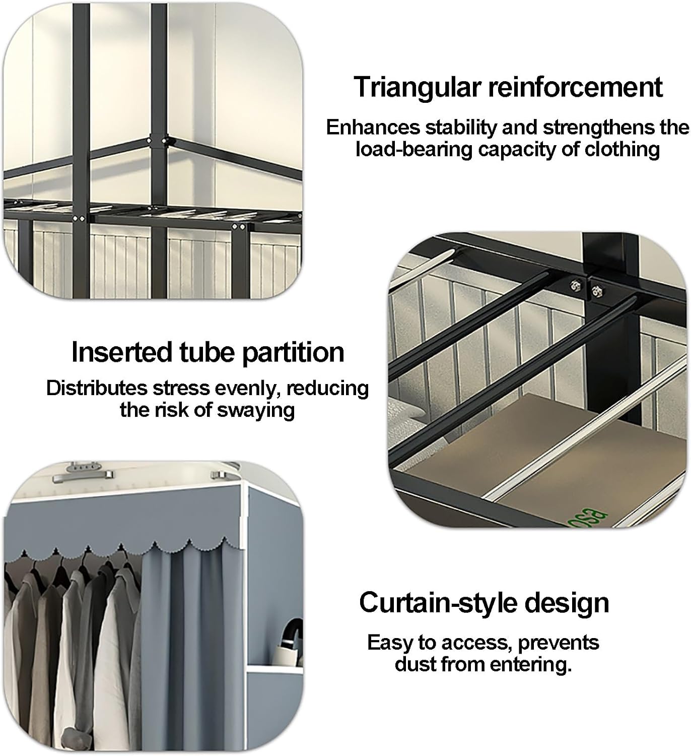 Portable Closet Wardrobe With Hanging Rods, Metal Closet Rack For Hanging Clothes, Clothing Rack With Cover, Metal Garment Racks Organizer For Bedroom(White1,168cm/66.1inch)