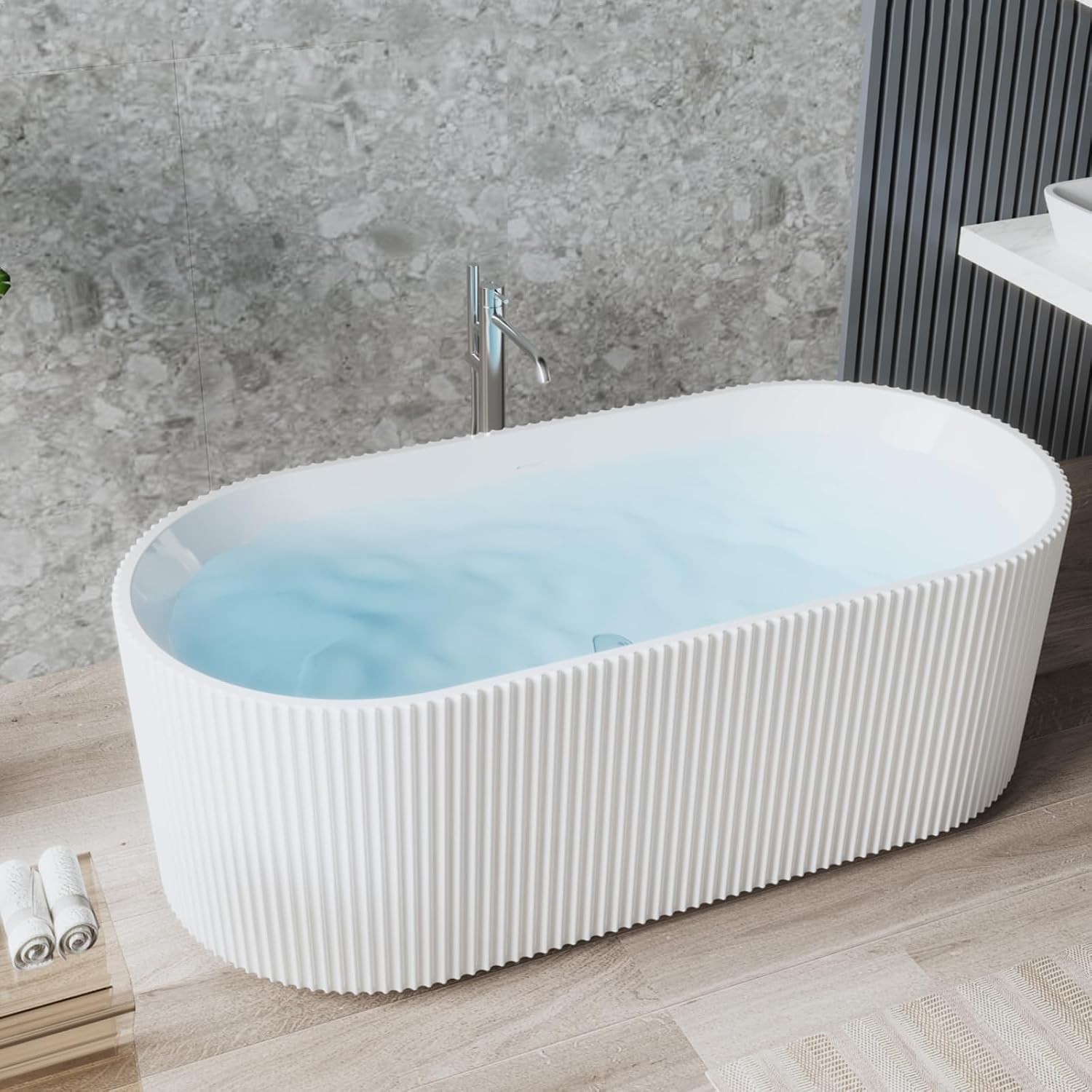 59' Acrylic Freestanding Bathtub, Free Standing Soaking Tub, Freestanding Tub with Overflow and Matte Silver Drain, Modern Bathtub for Bathroom, Hotel, Easy to Install, CUPC Certified, White, Harp