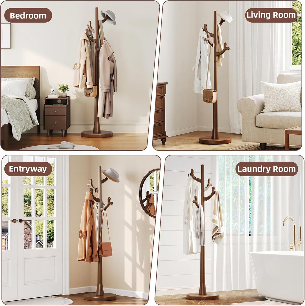 CozyDH Walnut Premium Solid Wood Freestanding Coat Rack, 4 Hooks Creative Tree Branch Look, Sturdy Standing Coat Tree for Entryway Bedroom Hallway Home Decor