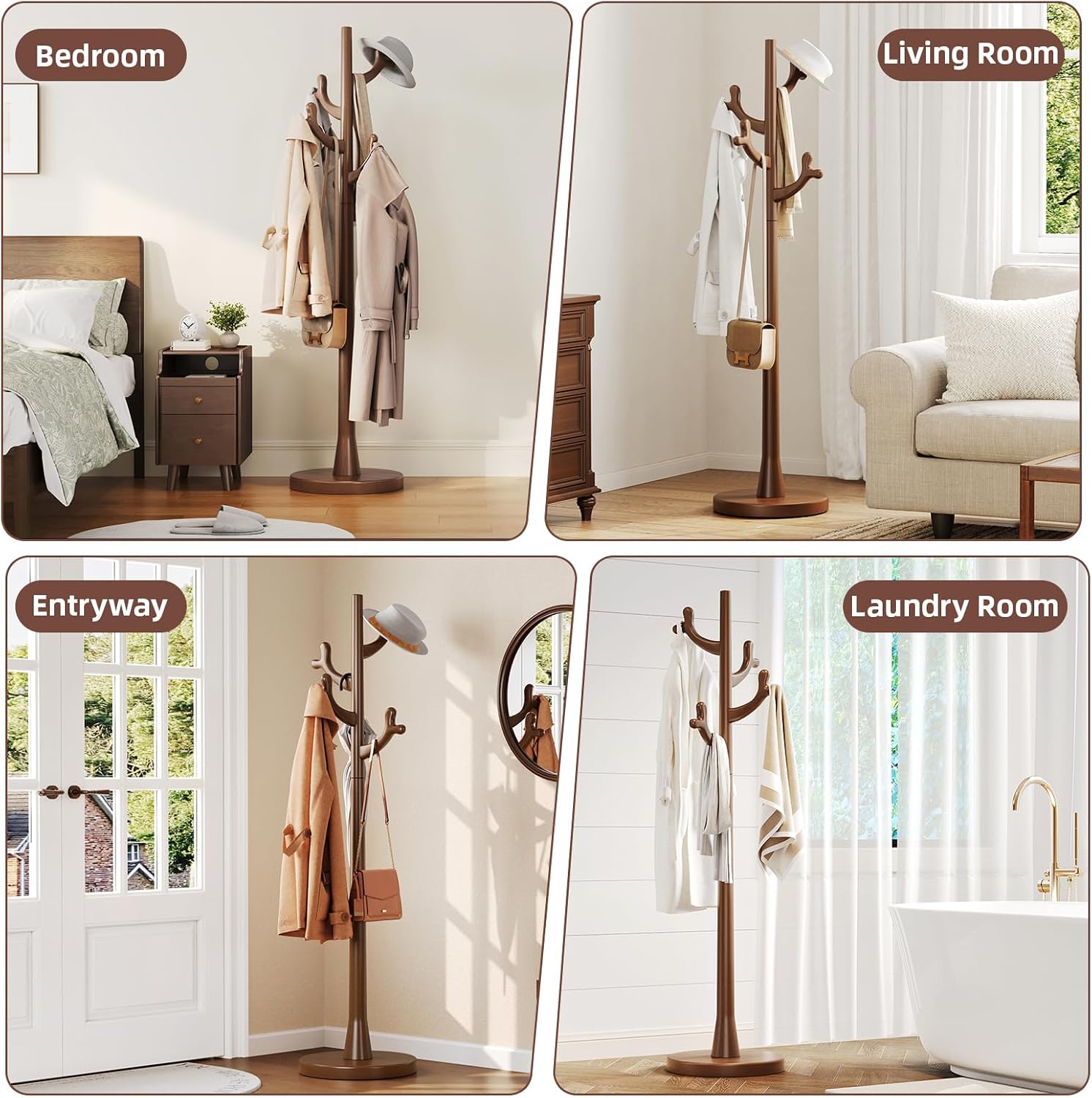 CozyDH Walnut Premium Solid Wood Freestanding Coat Rack, 4 Hooks Creative Tree Branch Look, Sturdy Standing Coat Tree for Entryway Bedroom Hallway Home Decor