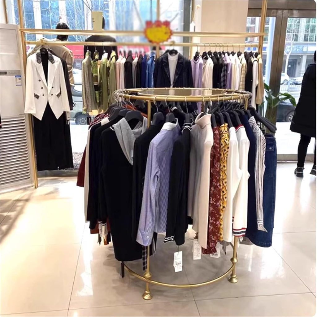 Metal Garment Rack, Round, Floor Standing Clothing Display Stand, Multi-Purpose, Heavy Duty, for Bedroom Boutique Commercial Shop Laundry Room, 130cm/51.1in(Gold,100 * 130cm)