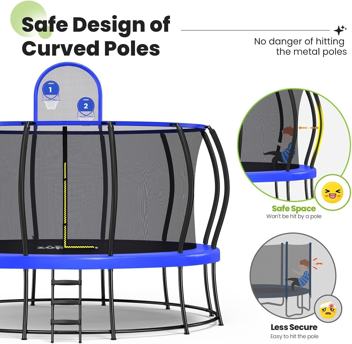 Zupapa 1800LBS Capacity Double Frame Trampoline 16 15 14 12FT No-Gap Safety Design Curved Poles & Basketball Hoop 10-Year Quality Assurance Perfect for Kids & Family Outdoor Fun
