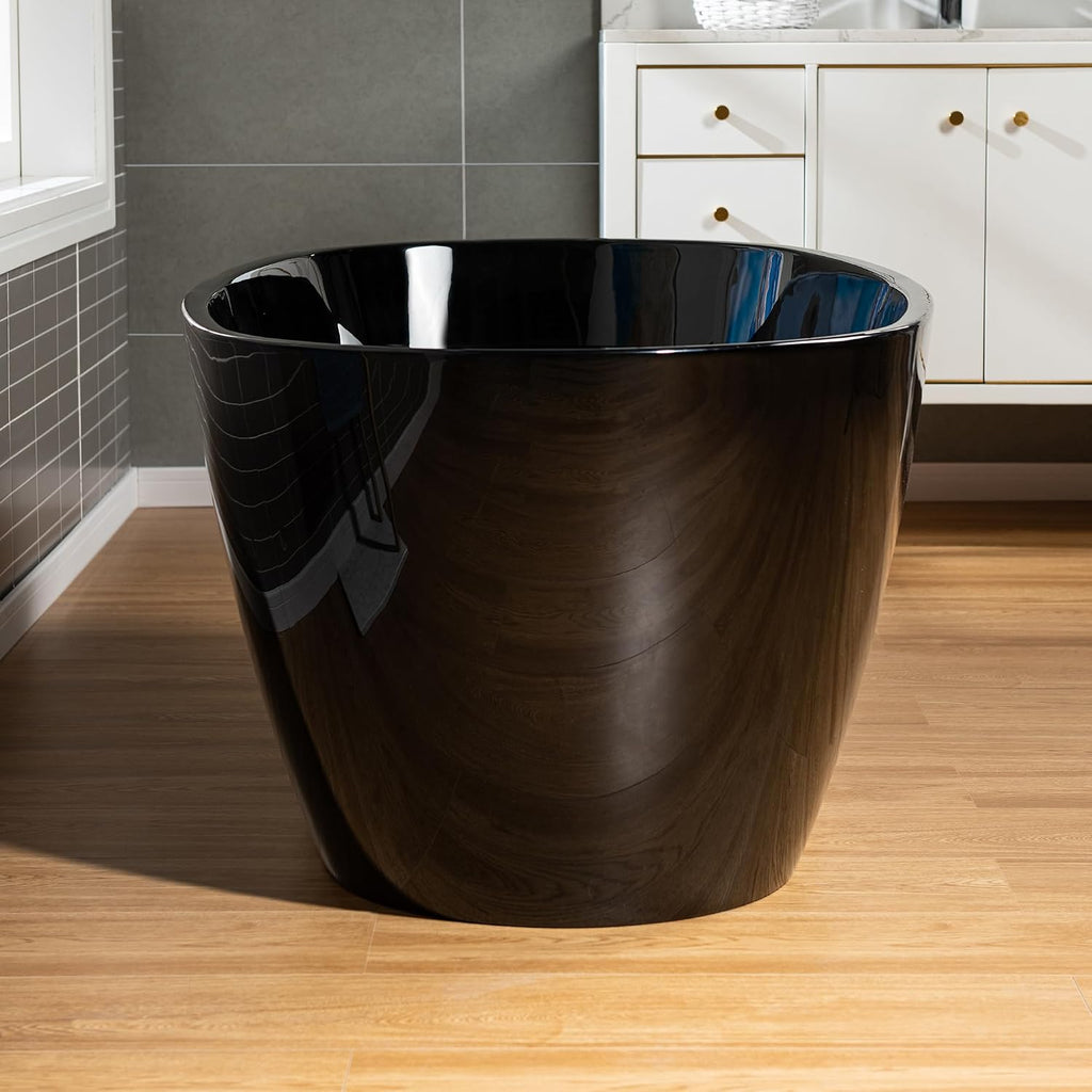 WOODBRIDGE 59' L x 31-1/2' W Freestanding Modern Acrylic Soaking Bathtub in Glossy Black Inside and Matte Black Drain & Overflow