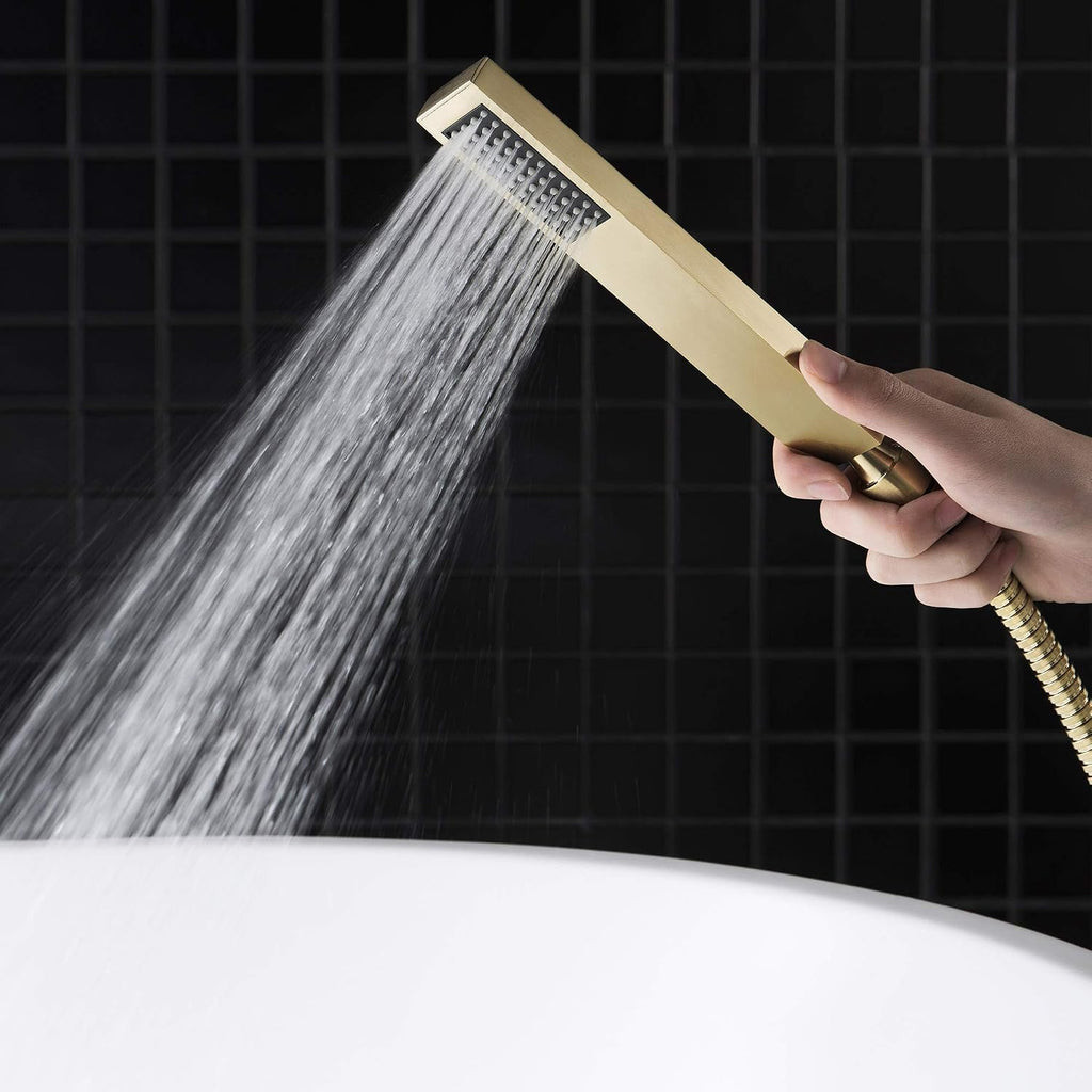 WOODBRIDGE F0008BG Contemporary Single Handle Floor Mount Freestanding Tub Filler Faucet with Hand Shower in Brushed Gold Finish