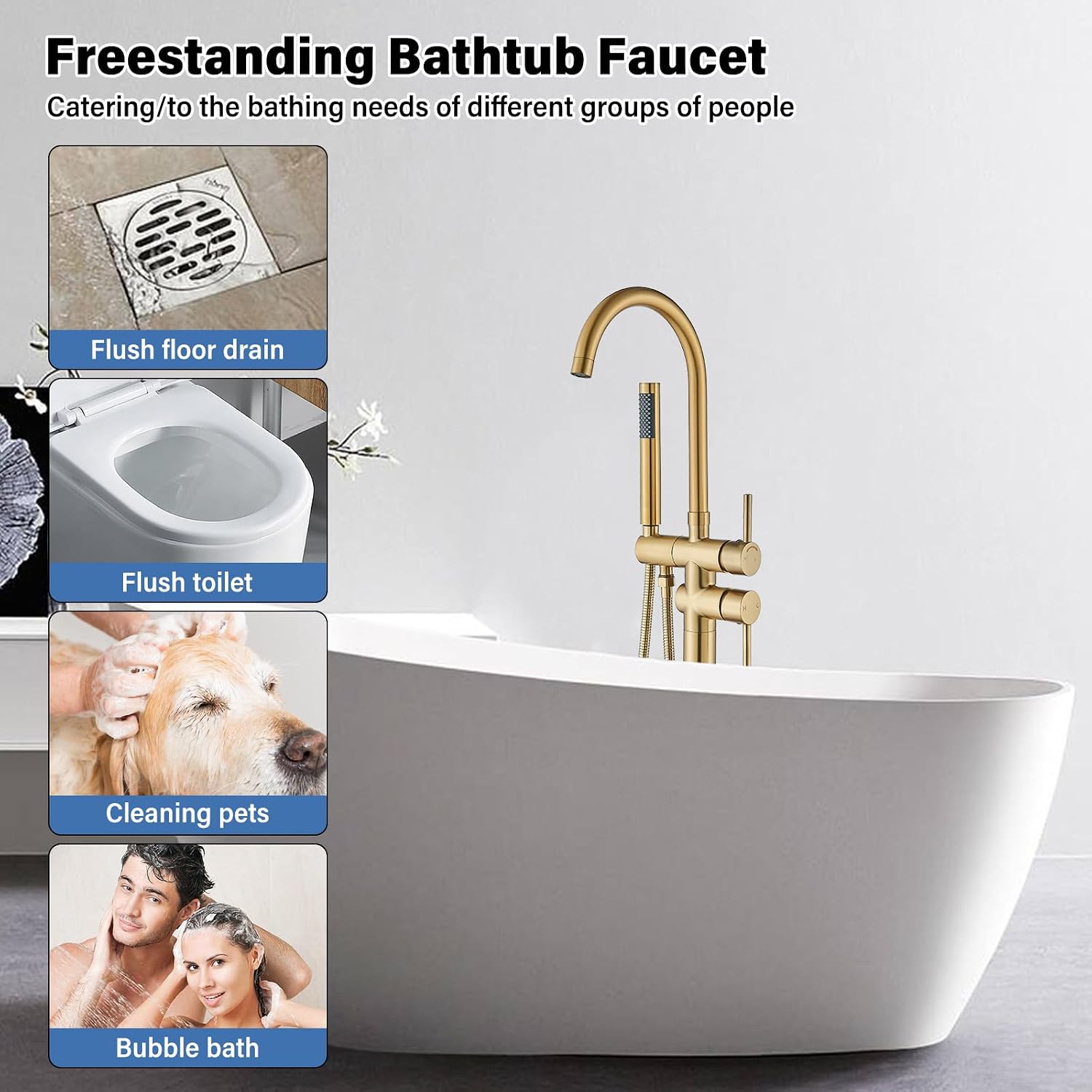Brushed Gold Freestanding Bathtub Faucet with Hand Shower Tub Filler Faucet Floor Mounted High Flow Single Handle Bath Filler Solid Brass