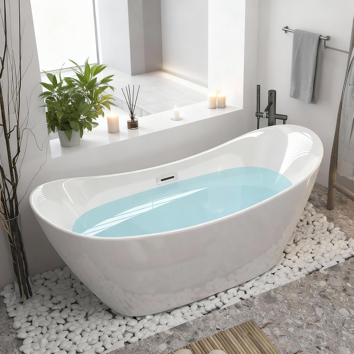 59' Acrylic Freestanding Bathtub White, Oval Shape Soaking Tub with Pop-up Chrome Drain, Free Standing Bathtubs CUPC Certified