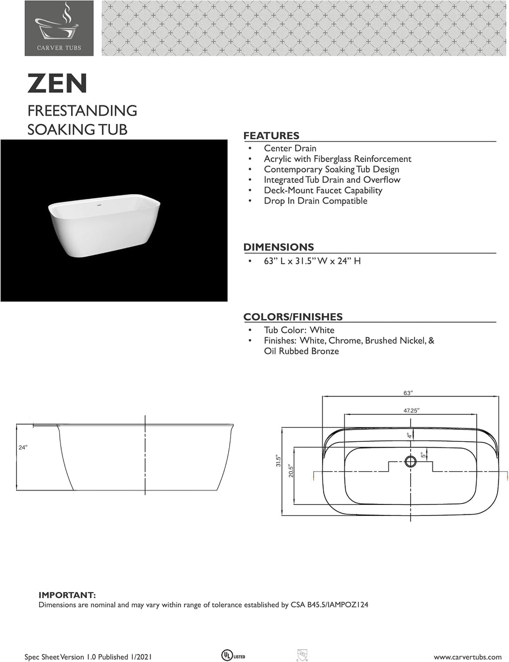 Carver Tubs - Zen 63' - Acrylic Freestanding Soaking Bathtub - Comes with Heated Jetted Air Massage - White Modern Rounded Rectangle Acrylic Fiberglass Tub With Chrome Drain - 63'L x 31.5'W x 24'H